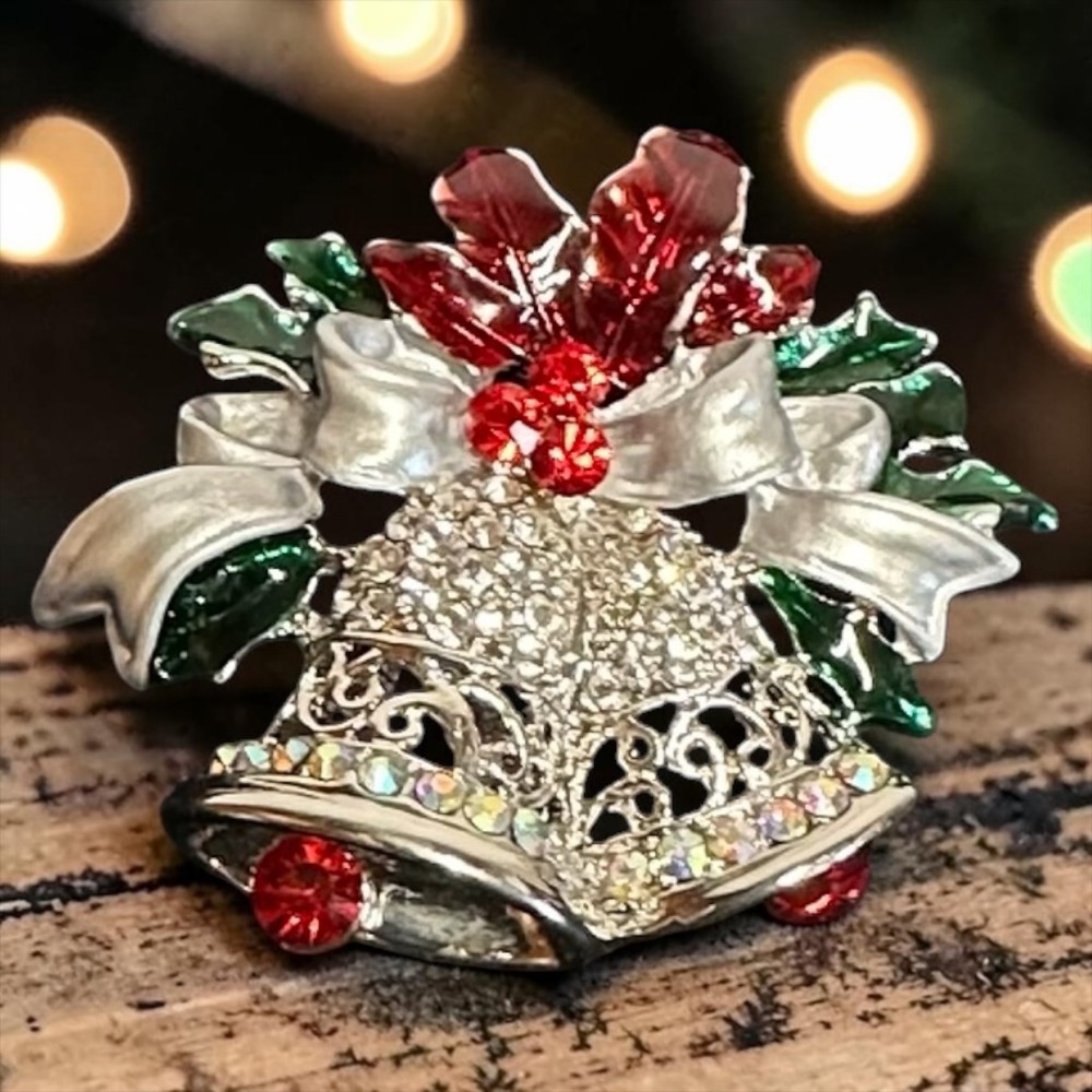 Christmas Bell Brooch Silver Tone Red Holiday Rhinestone